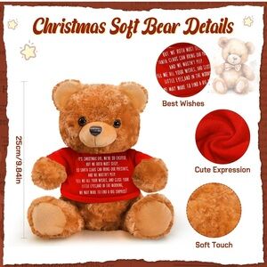NWOT Brown Soft 10” Bear Stuffed Animal Plush Christmas Eve Wishes Red Shirt